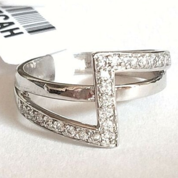 Silver Art Deco Cocktail Ring Size 6 7 9 Cubic Zirconia Rhodium Plated Geometric - Picture 2 of 7